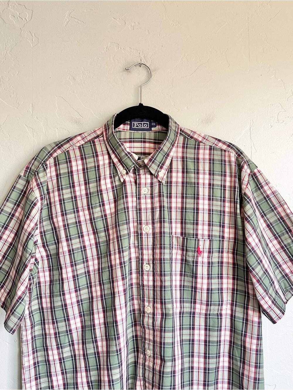 Vintage Polo Ralph Lauren Men Preppy Green Plaid Short-Sleeve Button-Down Shirt